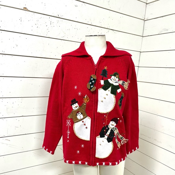 Women's Fun Christmas Sweater Cardigan - Reindeer, Snowman & Snowflakes Pattern, Ugly Christmas Sweater Party Wear - View #9